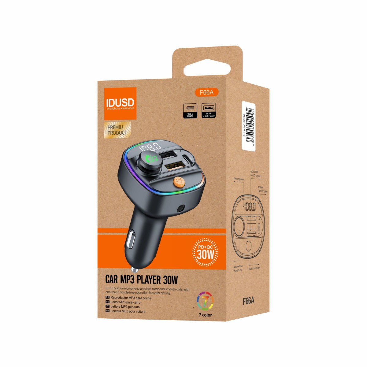 Transmisor FM Coche Bluetooth 5.3 30W USB-C | Eco Drive F66A