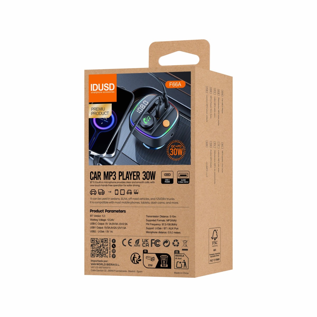 Transmisor FM Coche Bluetooth 5.3 30W USB-C | Eco Drive F66A