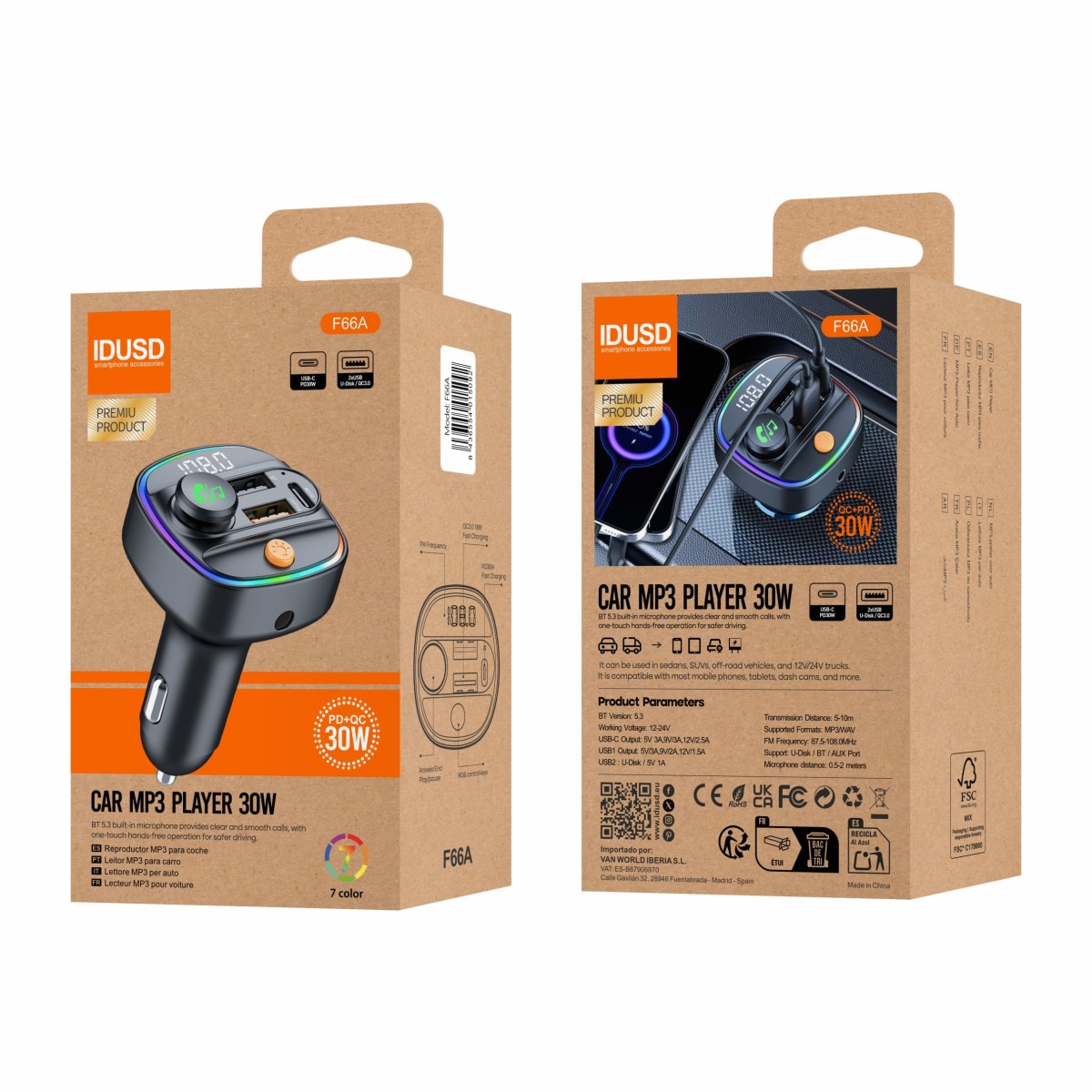Transmisor FM Coche Bluetooth 5.3 30W USB-C | Eco Drive F66A