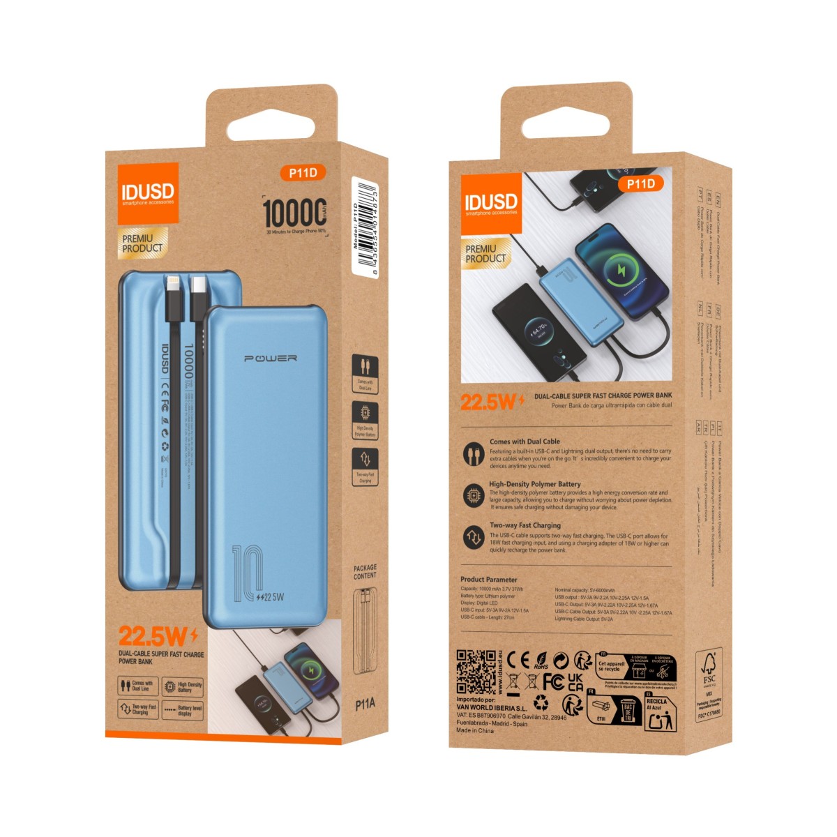 Eco Bank Duo 10.000mAh 22.5W – Carga Rápida con Doble Cable