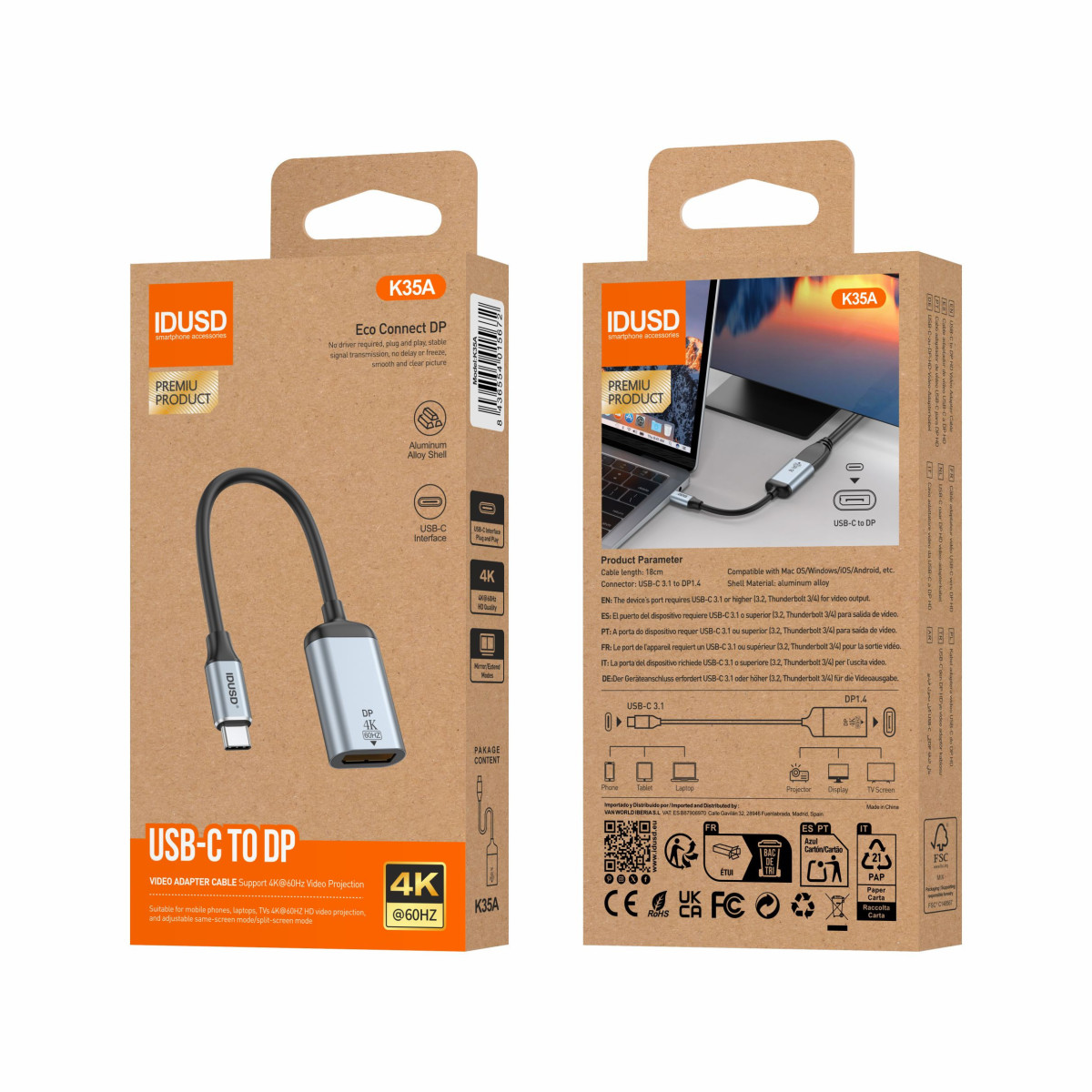 Cable USB-C a DisplayPort 60Hz 18 cm - K35A