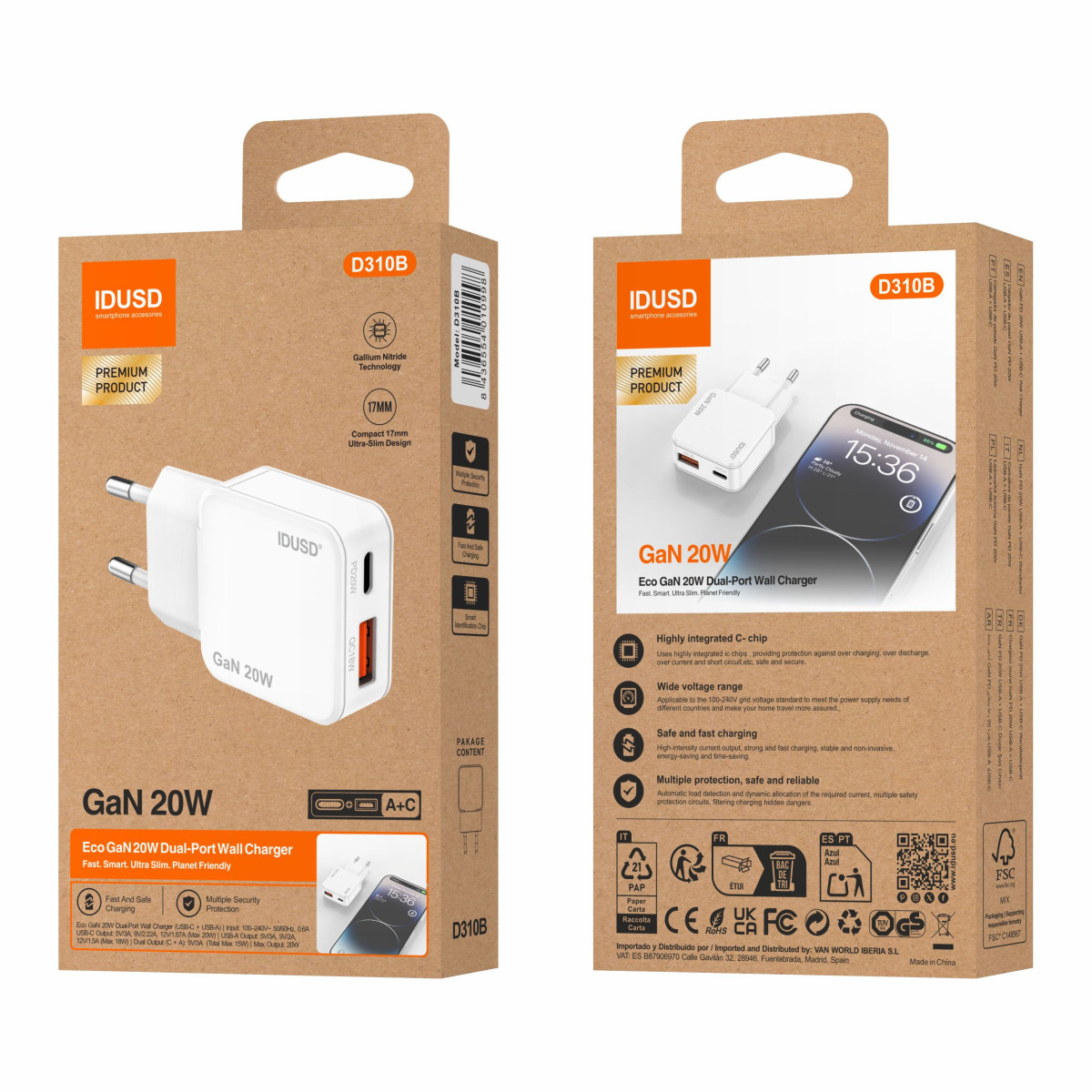 Cargador GaN PD20W A+C – Ultrafino y Eficiente