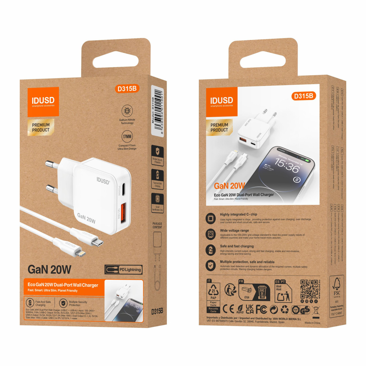 Cargador GaN PD20W A+C – PD Lightning – Ultrafino y Eficiente