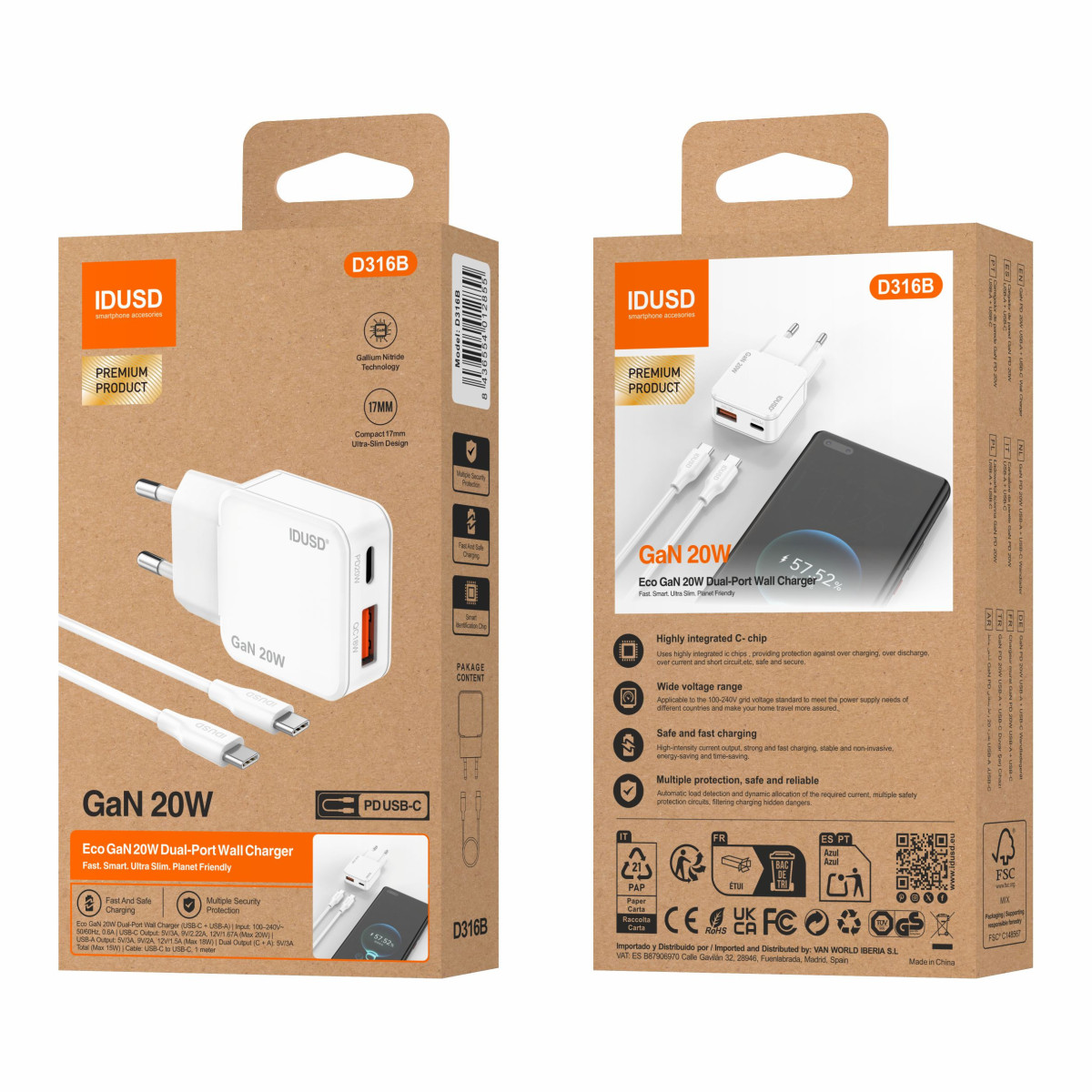 Cargador GaN PD20W A+C – PD USB-C – Ultrafino y Eficiente