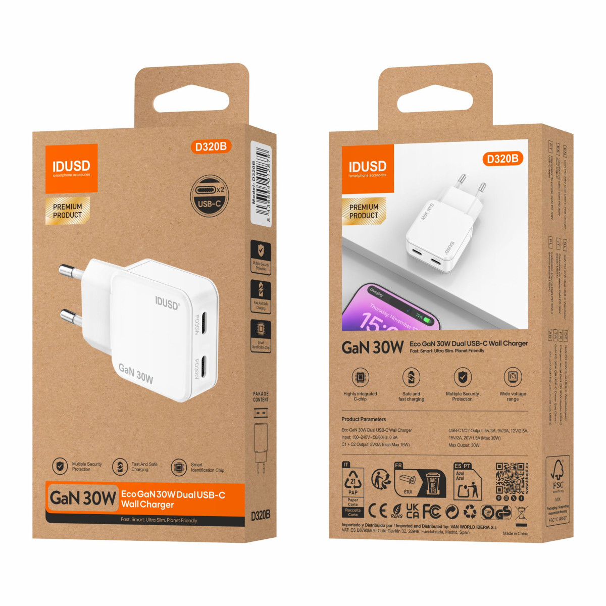 Cargador GaN PD30W C+C – Ultrafino y Eficiente