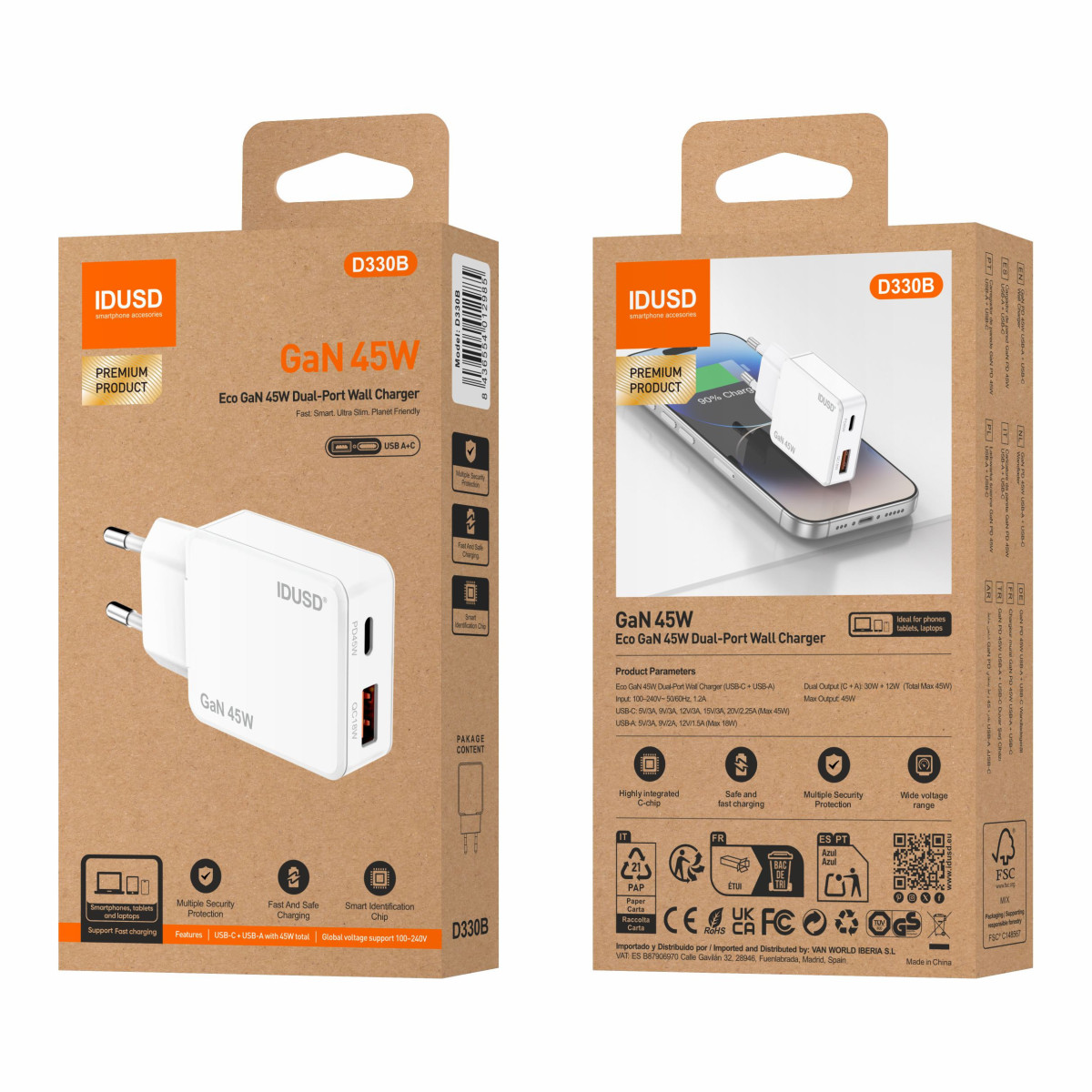 Cargador GaN PD45W A+C – Ultrafino y Eficiente