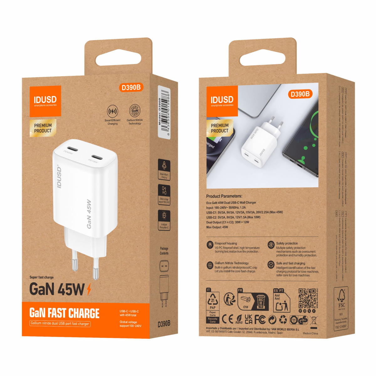 Cargador GaN PD45W C+C – Compacto y Potente