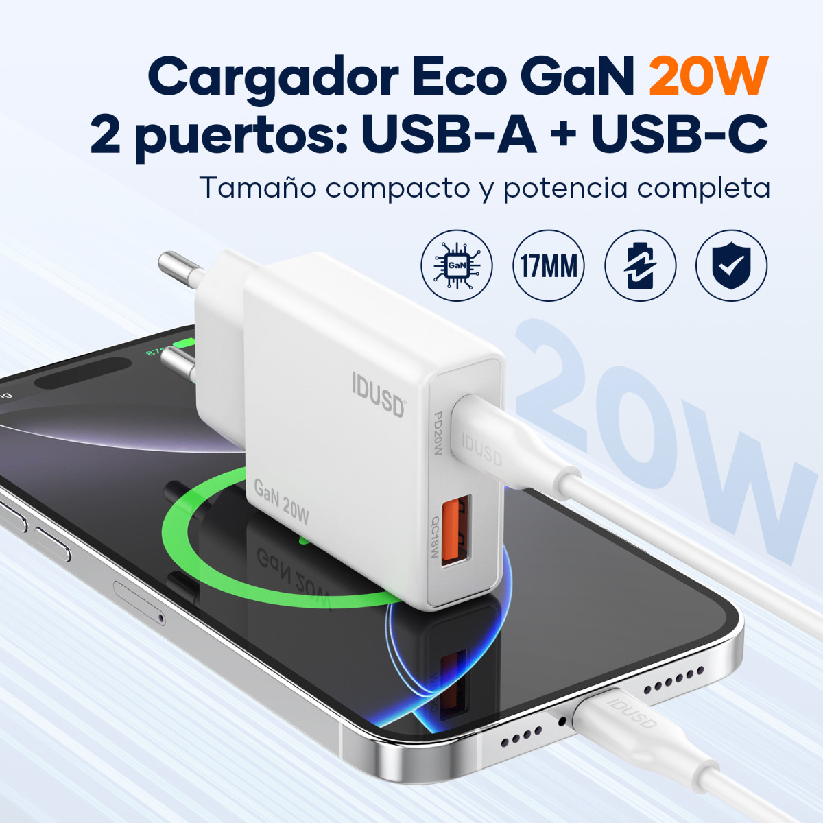 Cargador GaN PD20W A+C – PD USB-C – Ultrafino y Eficiente