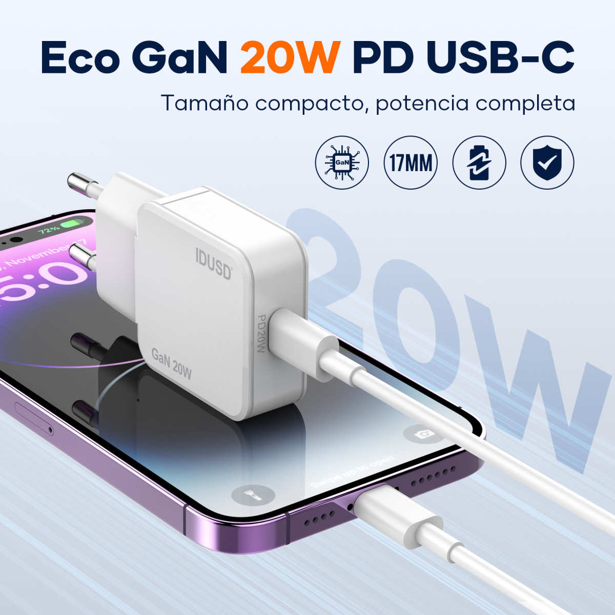 Cargador GaN PD20W 1C – PD Lightning – Ultrafino y Eficiente