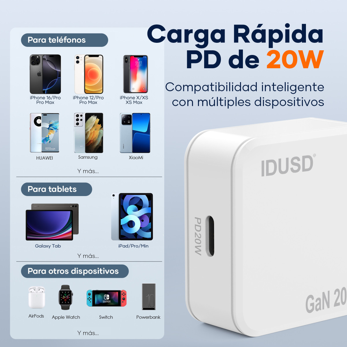 Cargador GaN PD20W 1C – PD Lightning – Ultrafino y Eficiente
