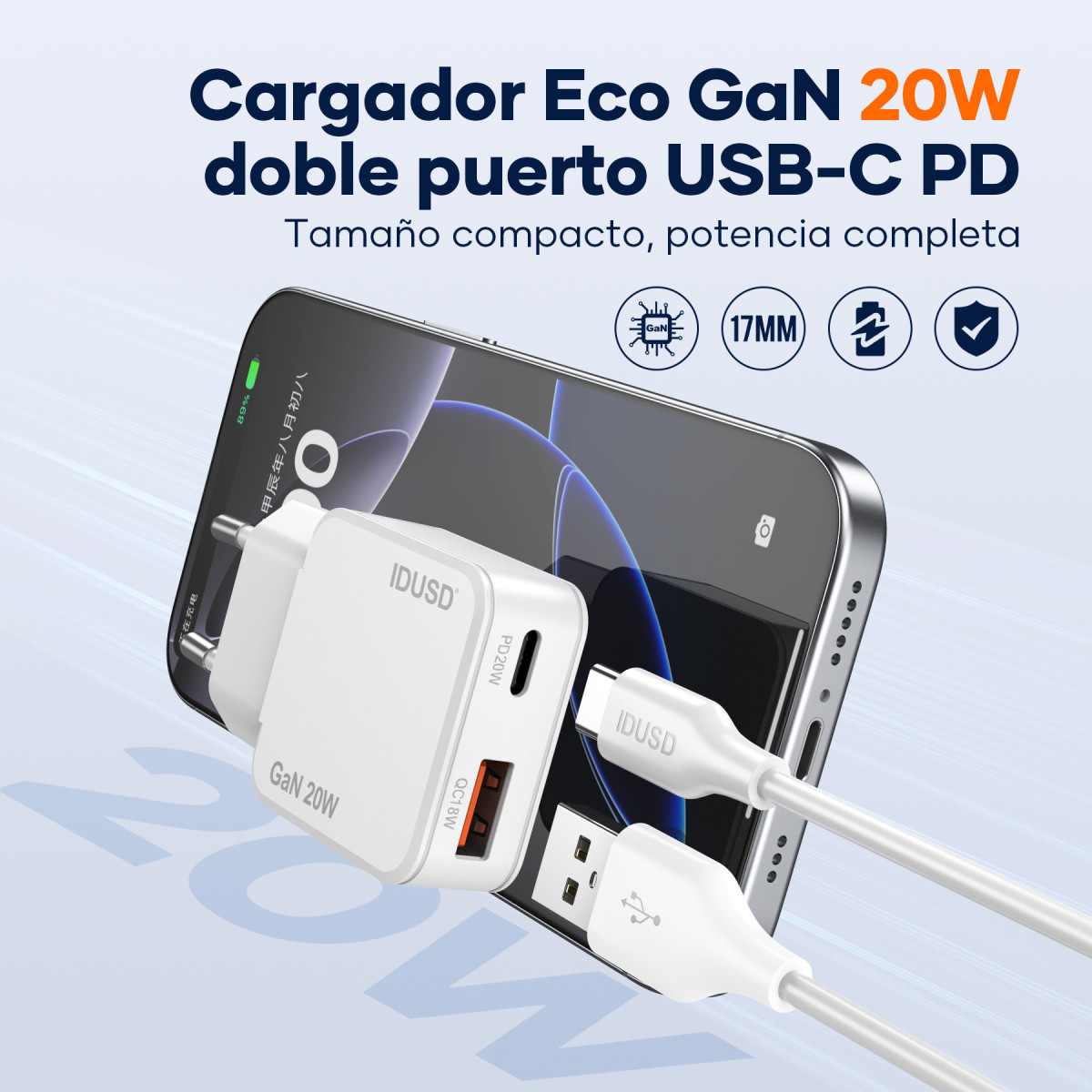 Cargador GaN PD20W A+C – PD Lightning – Ultrafino y Eficiente