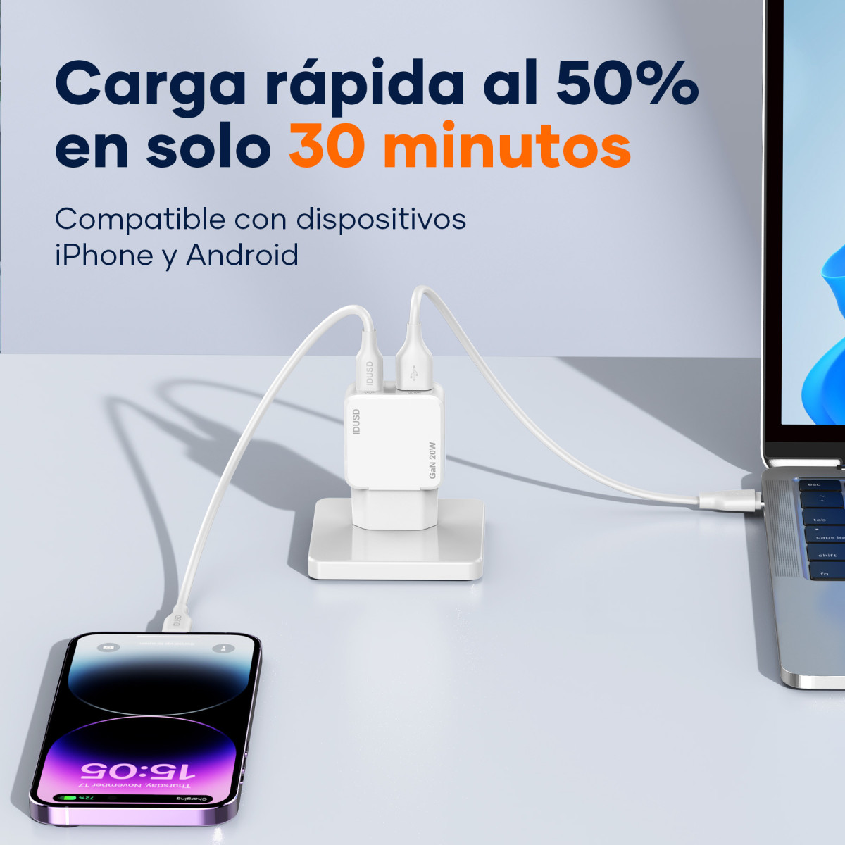 Cargador GaN PD20W A+C – PD Lightning – Ultrafino y Eficiente