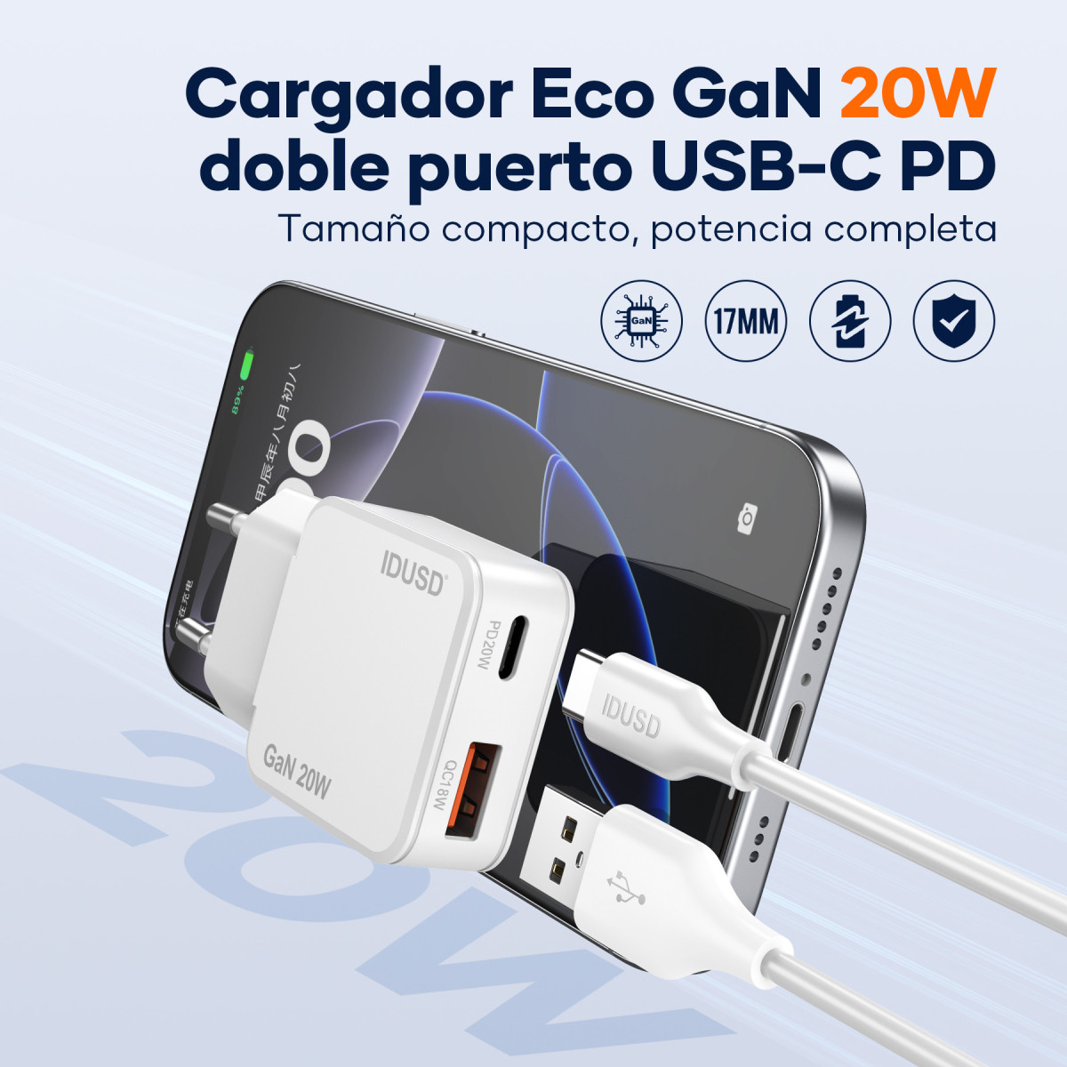 Cargador GaN PD20W A+C – PD USB-C – Ultrafino y Eficiente