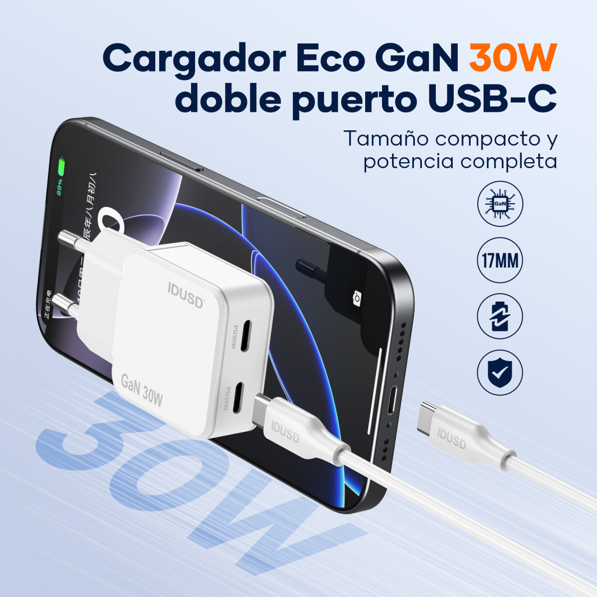 Cargador GaN PD30W C+C – PD USB-C – Ultrafino y Eficiente