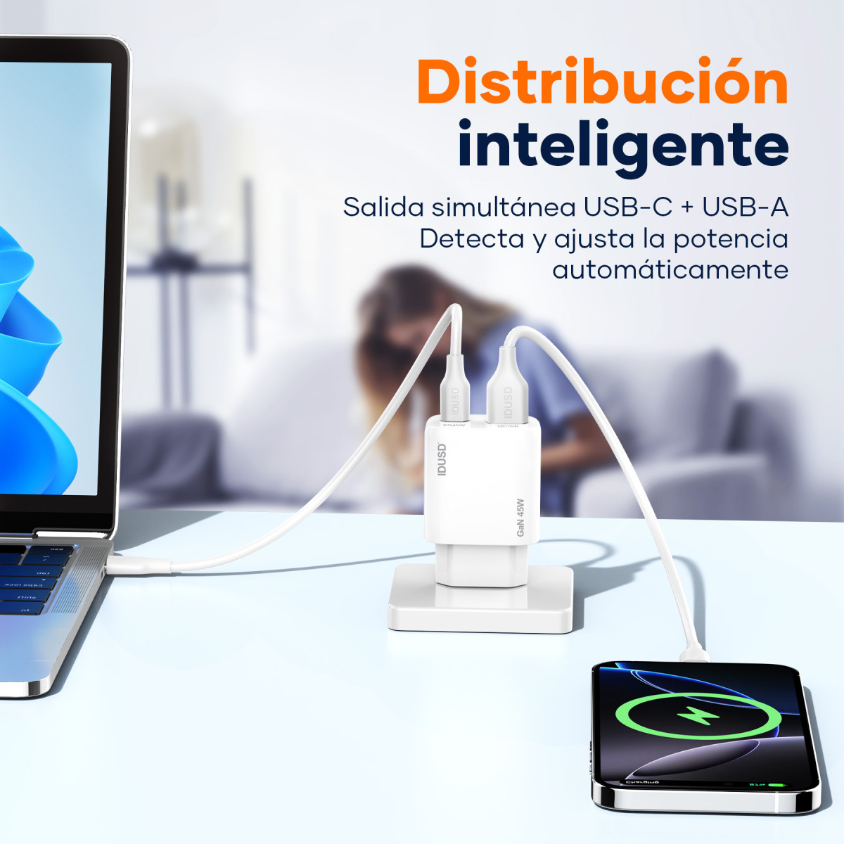 Cargador GaN PD45W A+C – Compacto y Potente