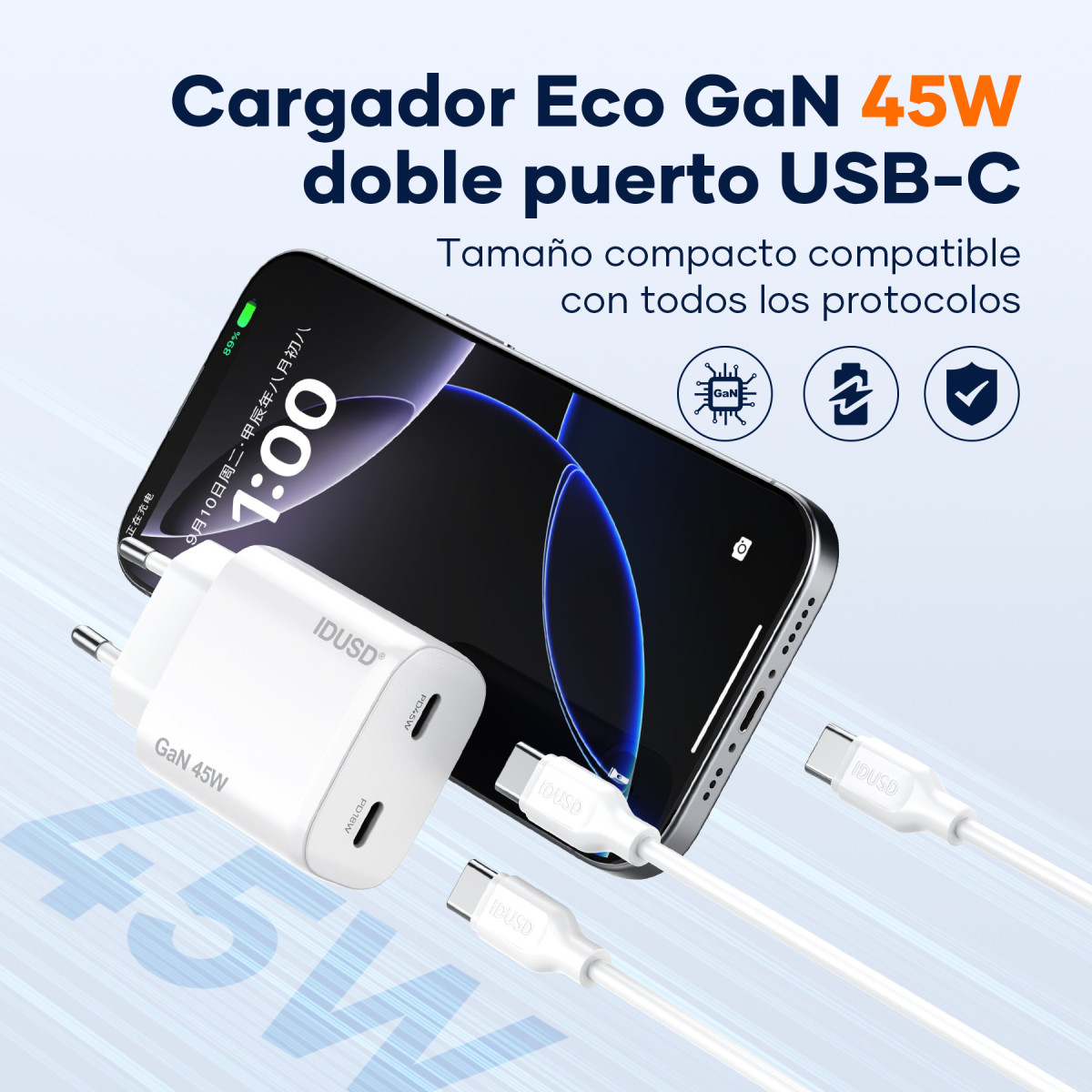 Cargador GaN PD45W C+C – Compacto y Potente