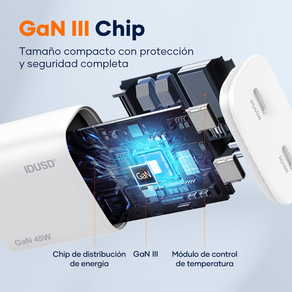 Cargador GaN PD45W C+C – Compacto y Potente
