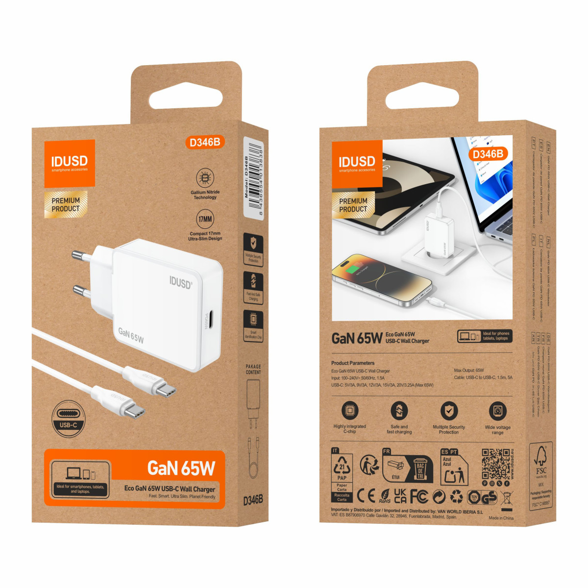 Cargador GaN PD65W 1C - PD USB-C - D346B