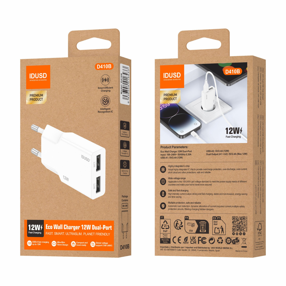 Cargador 12W 2U – Ultrafino y Compacto