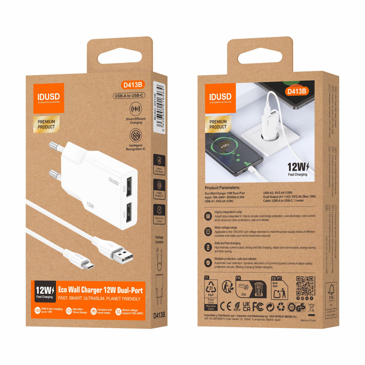 Cargador 12W 2U - USB-C - D413B