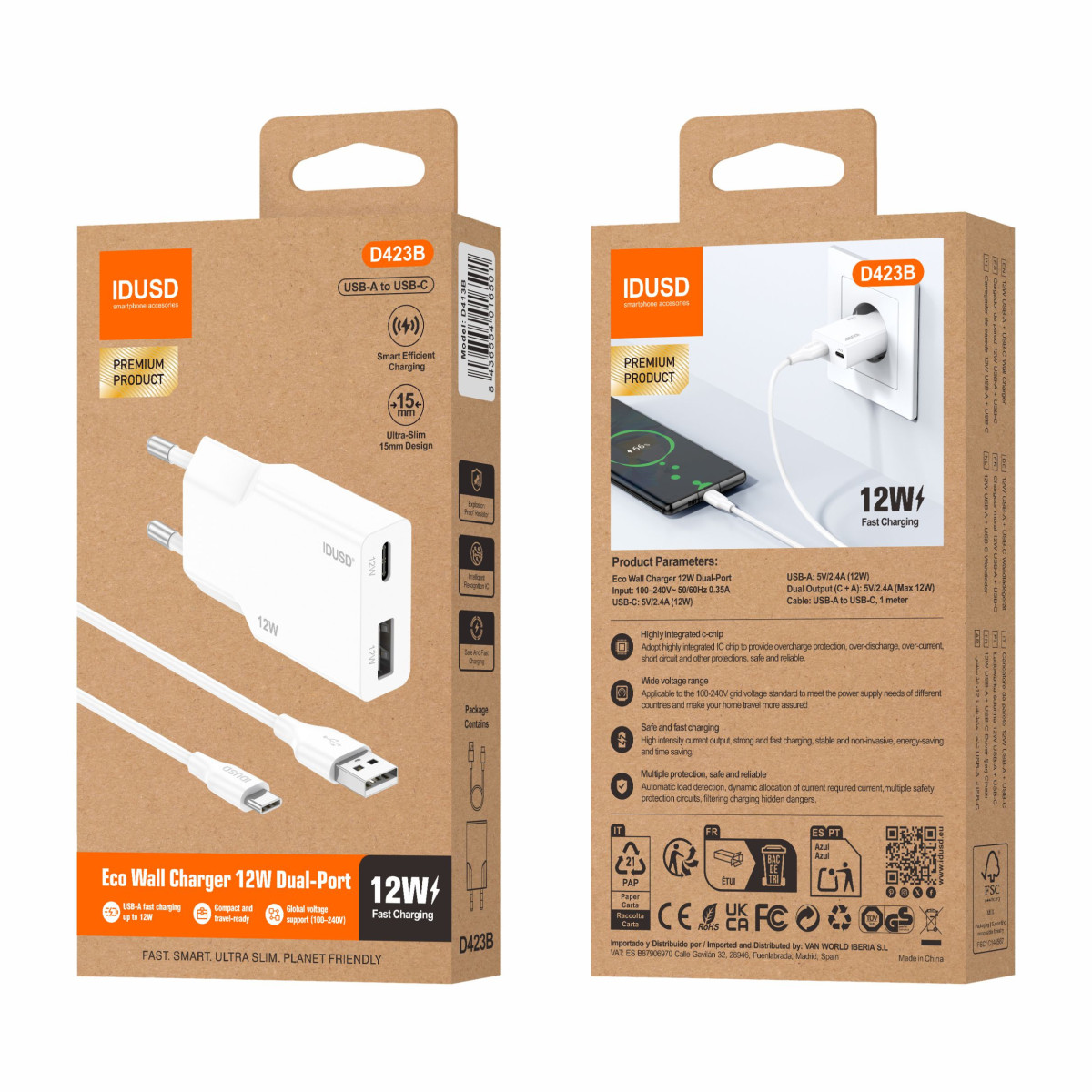 Cargador 12W A+C – USB-C – Ultrafino y Compacto