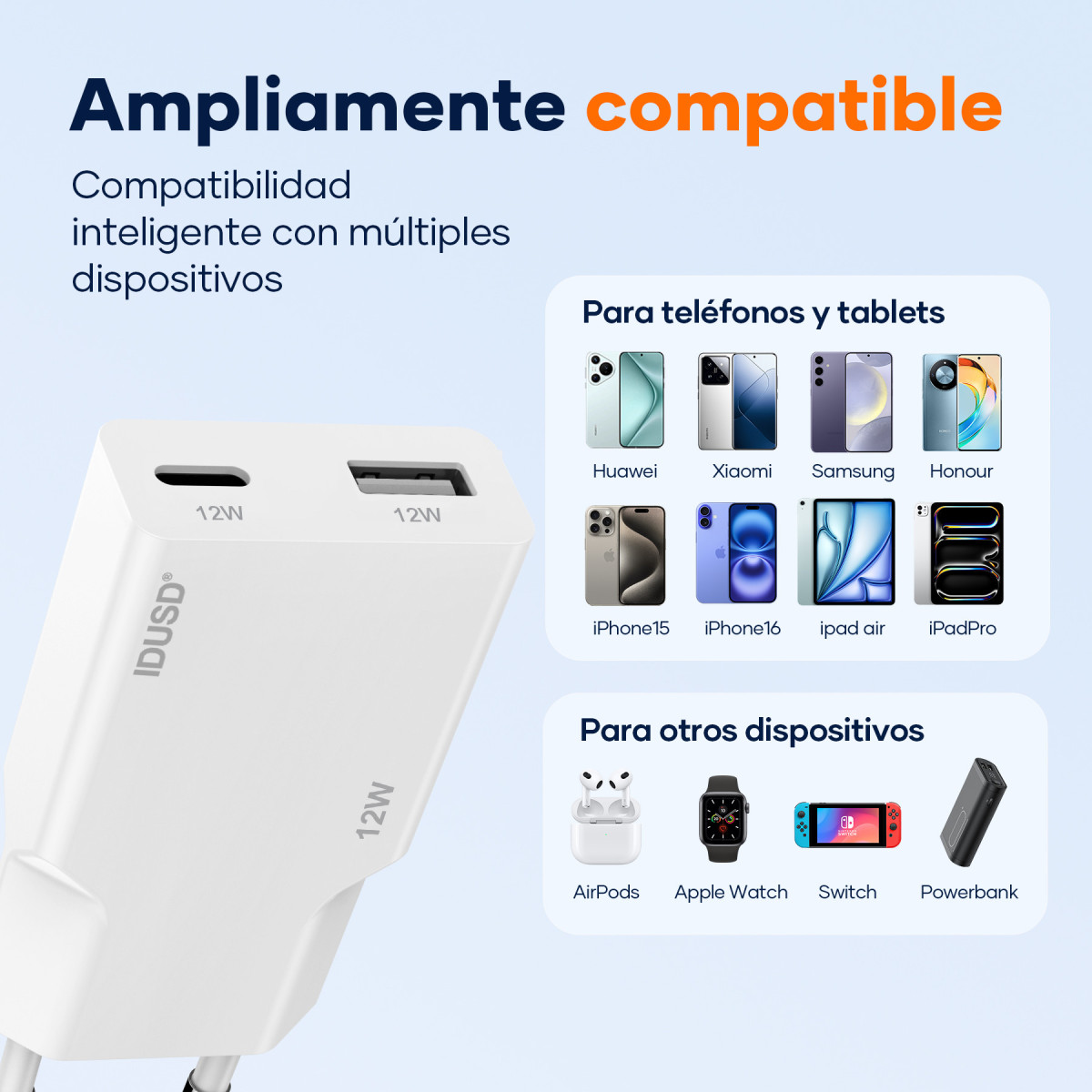 Cargador 12W A+C – USB-C – Ultrafino y Compacto