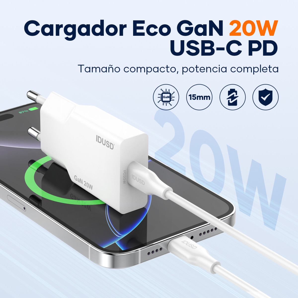 Cargador GaN PD20W 1C – Ultrafino y Compacto