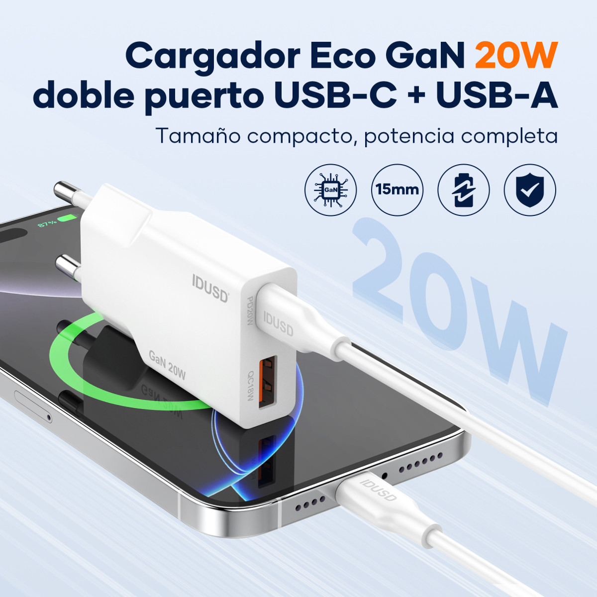 Cargador GaN PD20W A+C – Ultrafino y Compacto