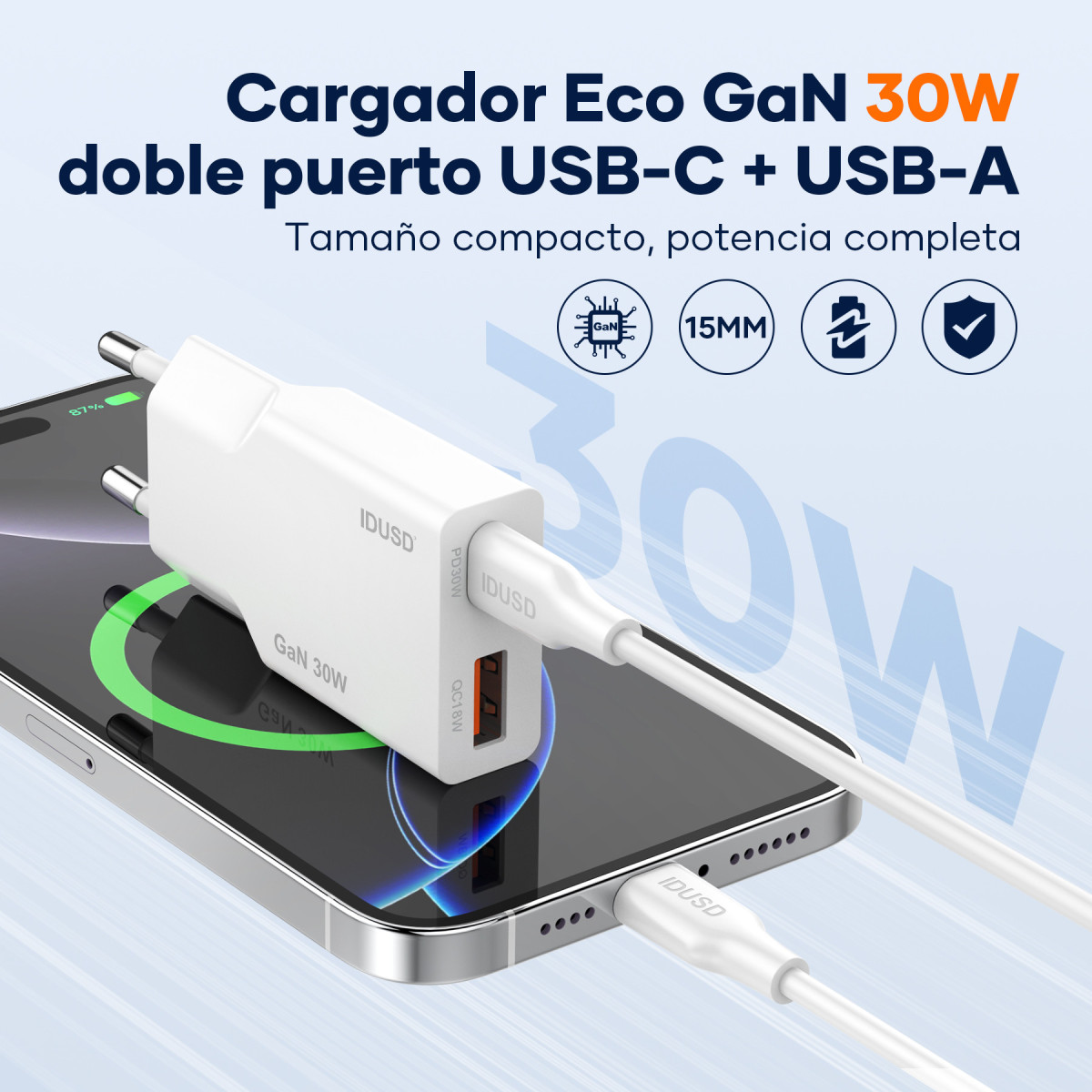 Cargador GaN PD30W A+C – Ultrafino y Compacto