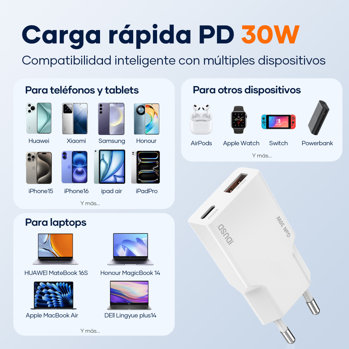 Cargador GaN PD30W A+C – Ultrafino y Compacto