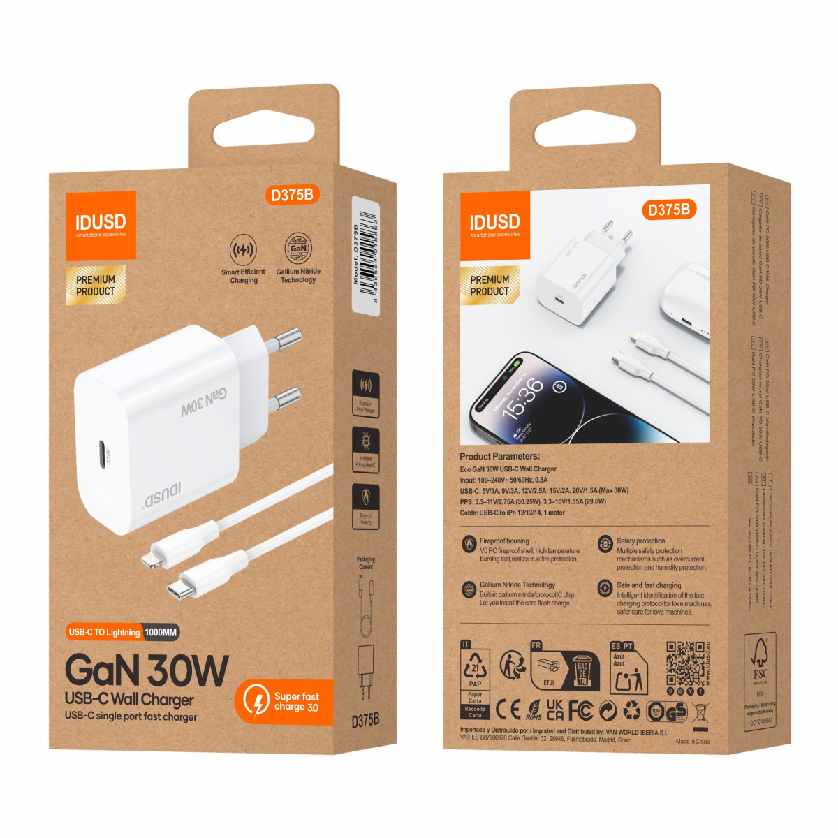 Cargador GaN PD30W 1C -  PD Lightning  - D375B