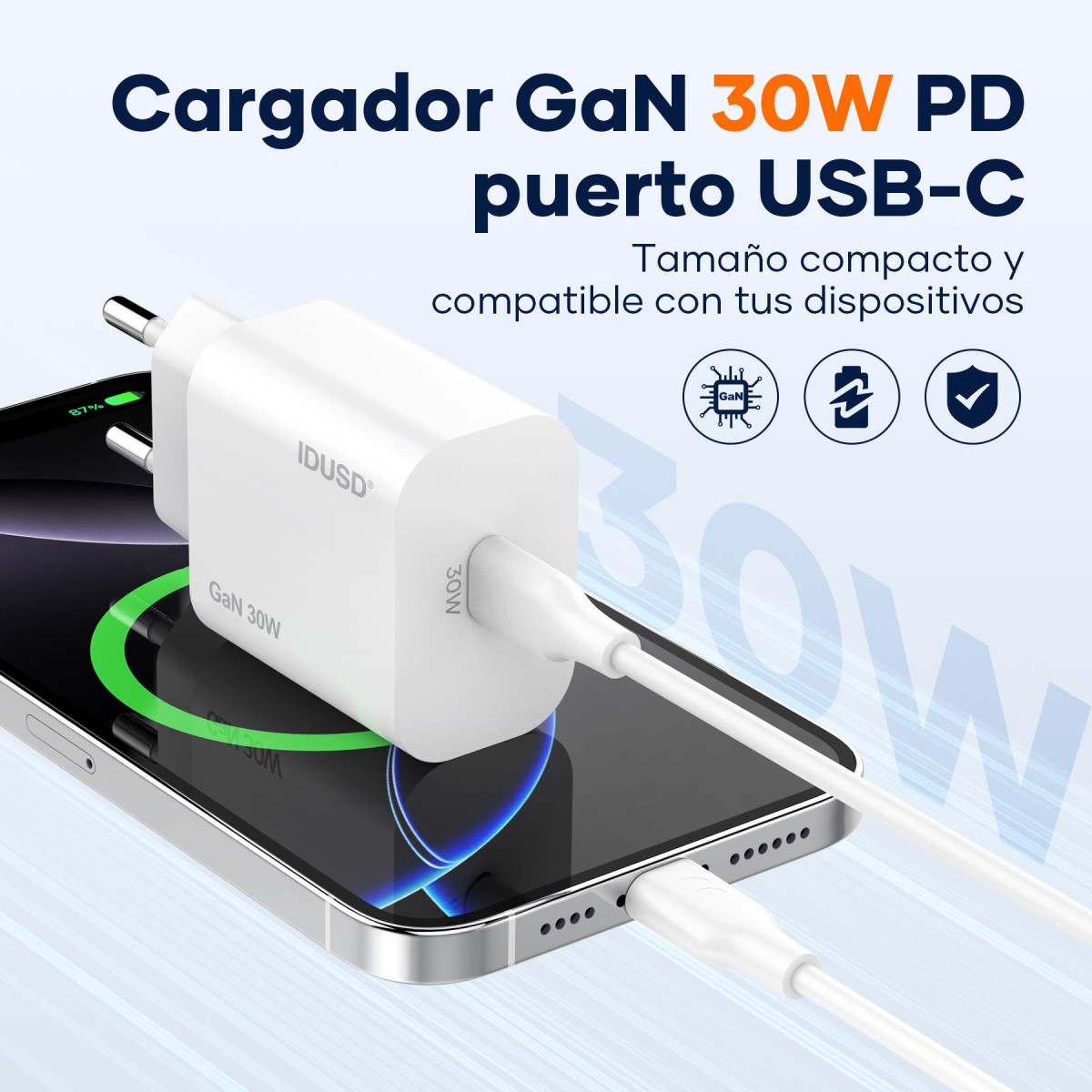 Cargador GaN PD30W 1C -  PD Lightning  - D375B