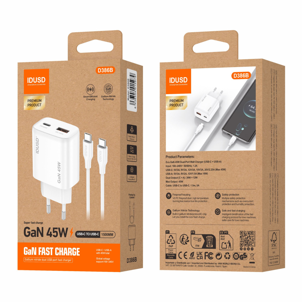 Cargador GaN PD45W A+C - PD USB-C - D386B