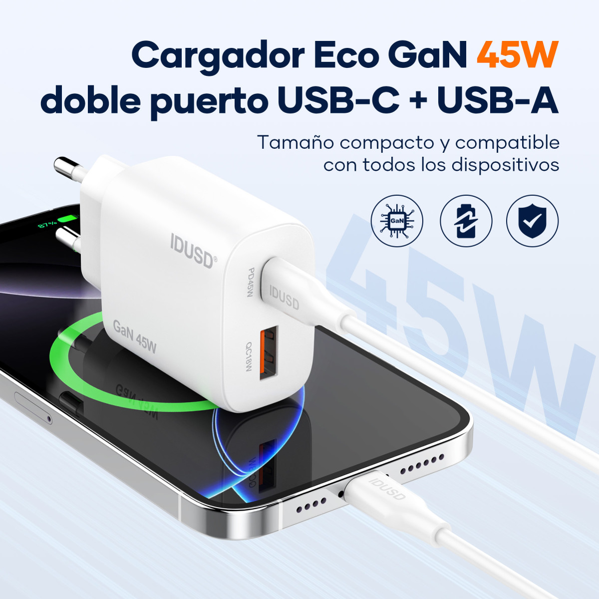 Cargador GaN PD45W A+C - PD USB-C - D386B