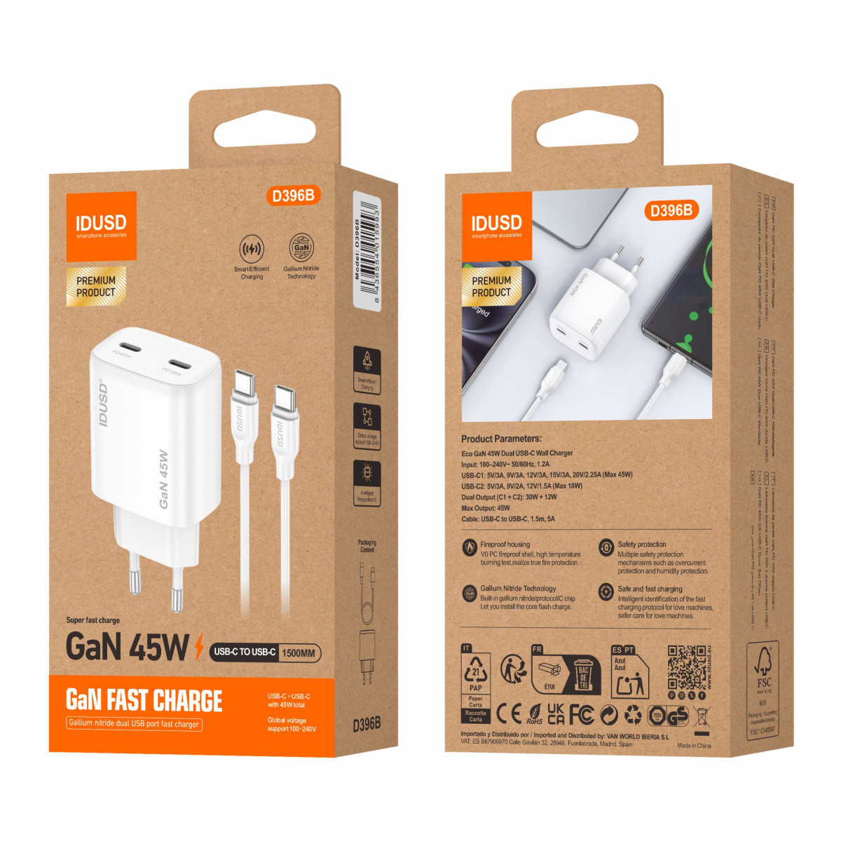 Cargador GaN PD45W  C+C + Cable PD USB-C - D396B