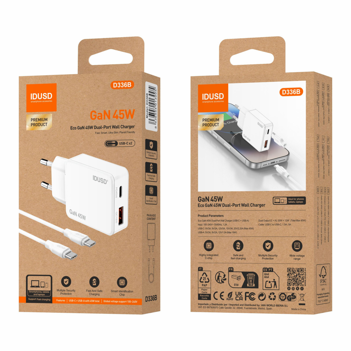 Cargador Eco GaN 45W Dual-Port USB-C + USB-A con Cable USB-C a USB-C 1