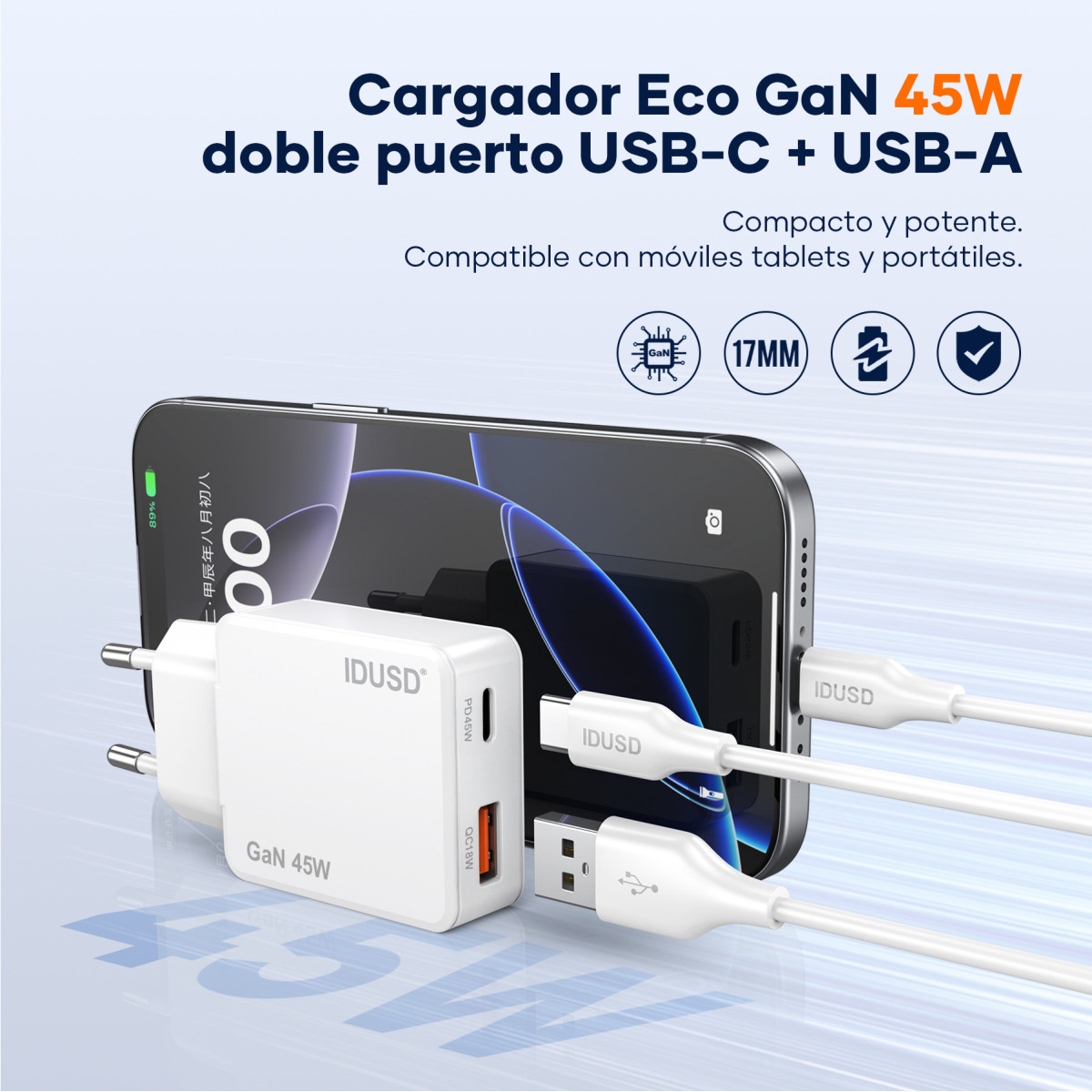 Cargador Eco GaN 45W Dual-Port USB-C + USB-A con Cable USB-C a USB-C 1