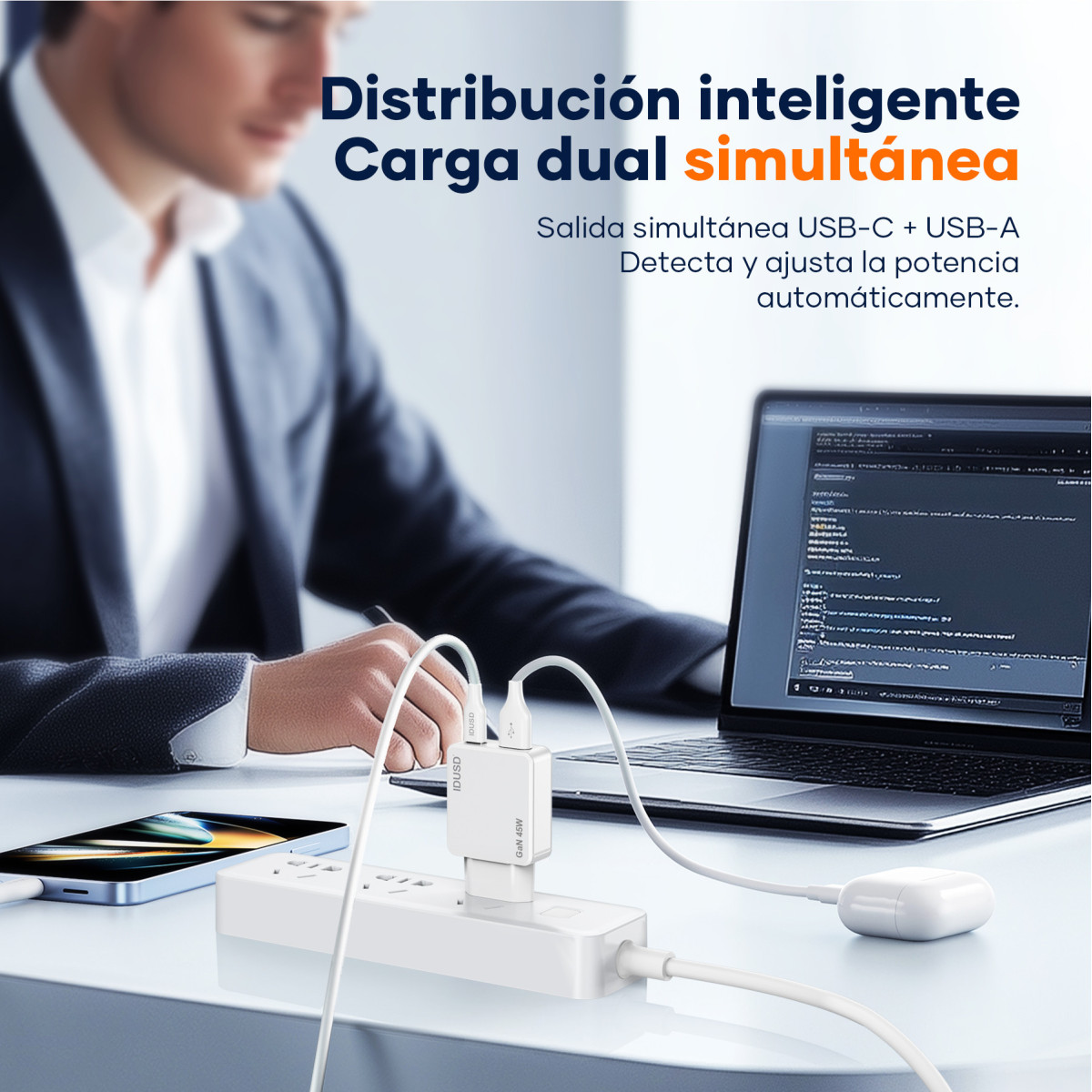 Cargador Eco GaN 45W Dual-Port USB-C + USB-A con Cable USB-C a USB-C 1