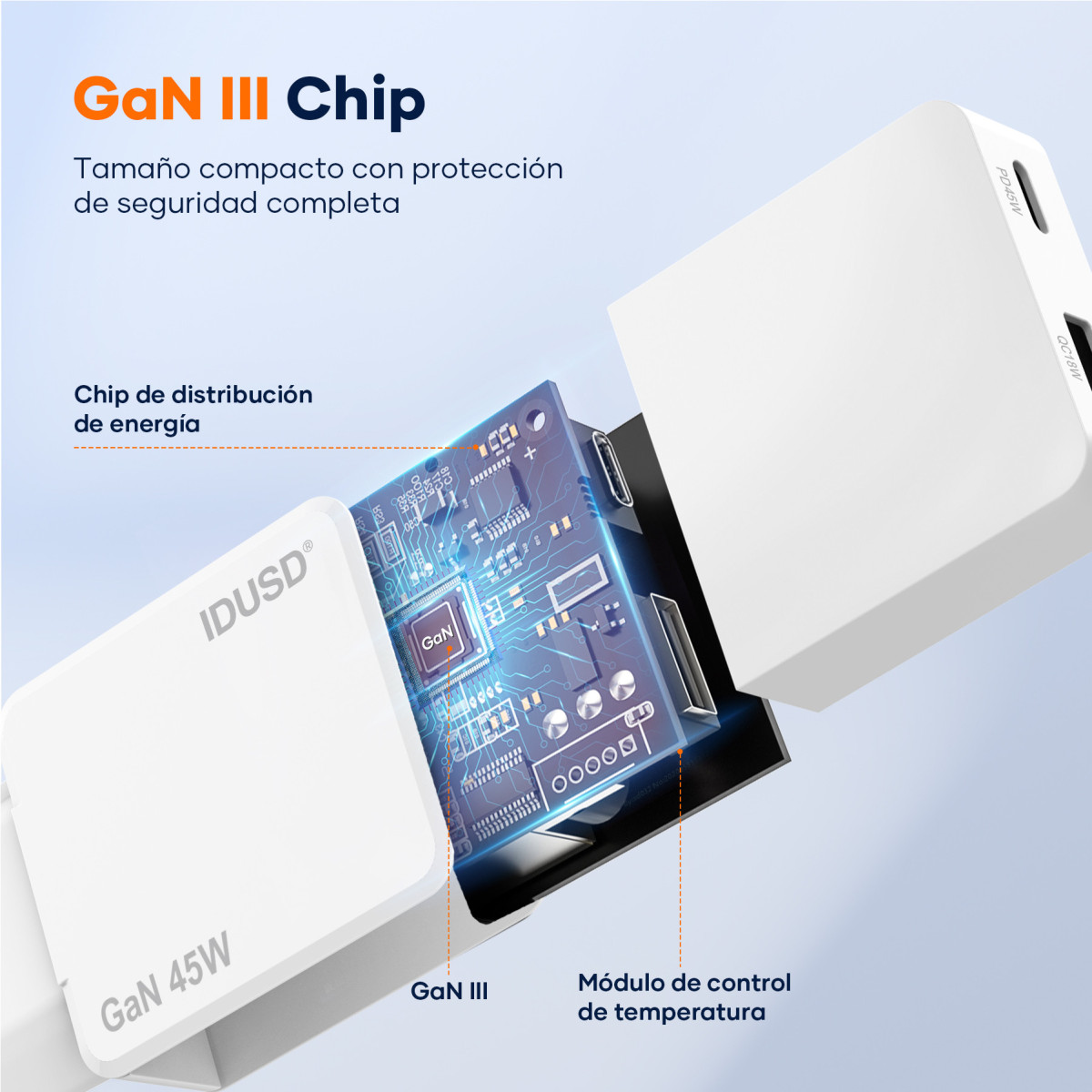 Cargador Eco GaN 45W Dual-Port USB-C + USB-A con Cable USB-C a USB-C 1
